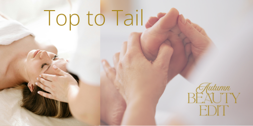 Two images, one showing a head massage and one depicting a foot massage.